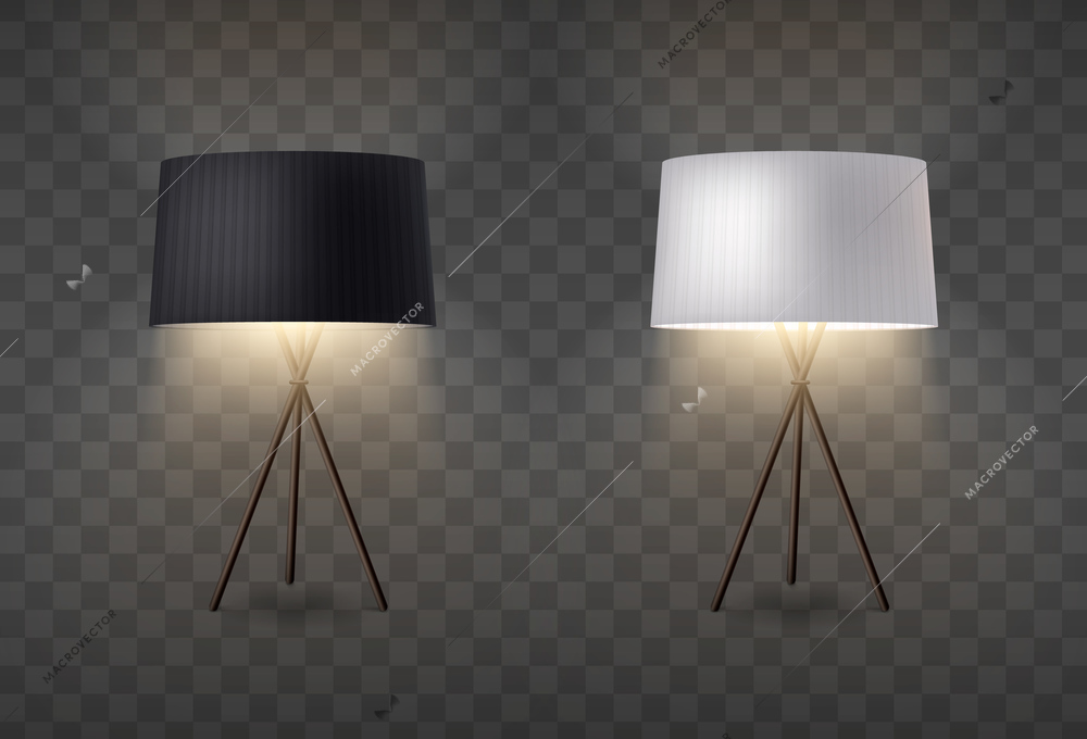 Table lamps realistic set with two turned on lanterns standing on tripod with black and white lampshades transparent vector illustration