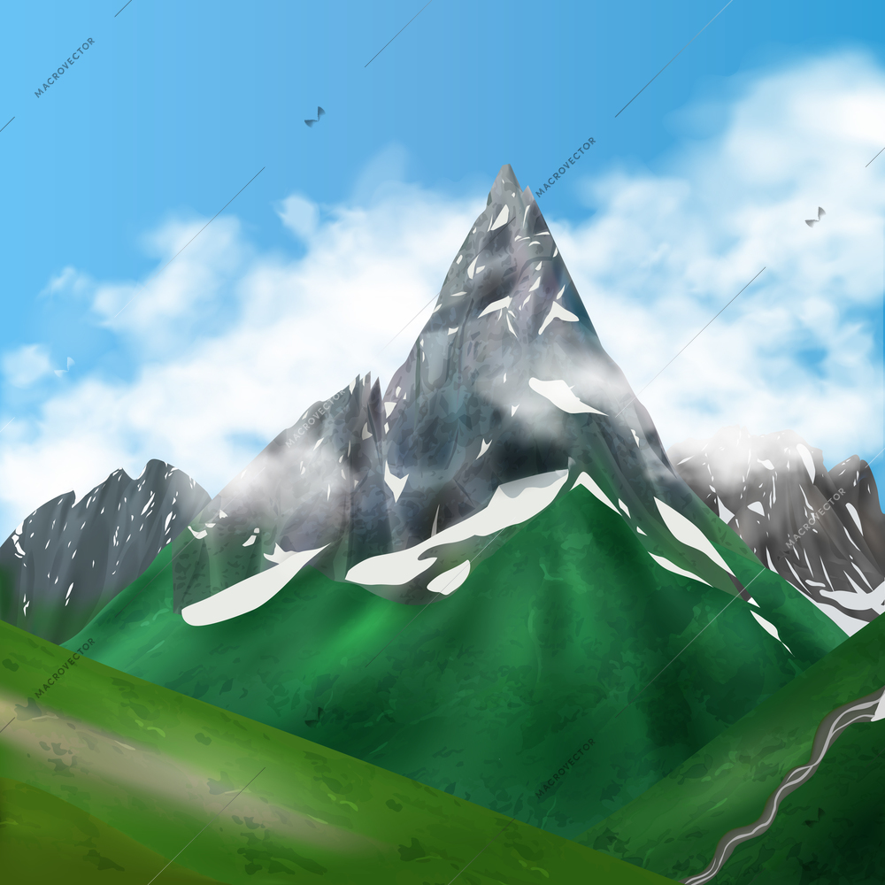 Realistic mountains landscape composition with sky background clouds and rock cliffs with snow spots and grass vector illustration