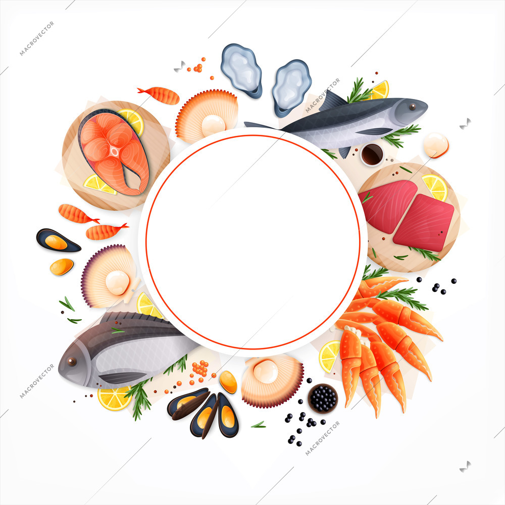 Seafood restaurant cafe shop bar appetizing background circular frame with tuna mackerel shrimps salmon shellfish realistic vector illustration