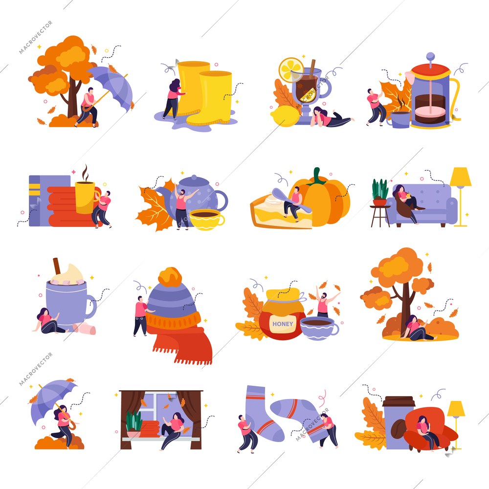 Cozy fall icons set with autumn weather symbols flat isolated vector illustration