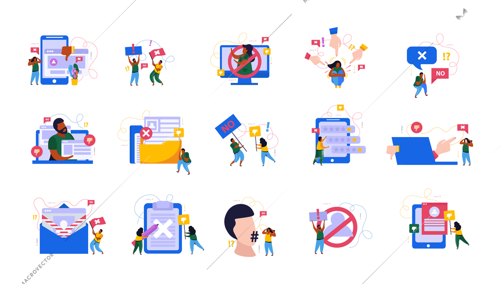 Cancel culture recolor set with public movement symbols flat isolated vector illustration