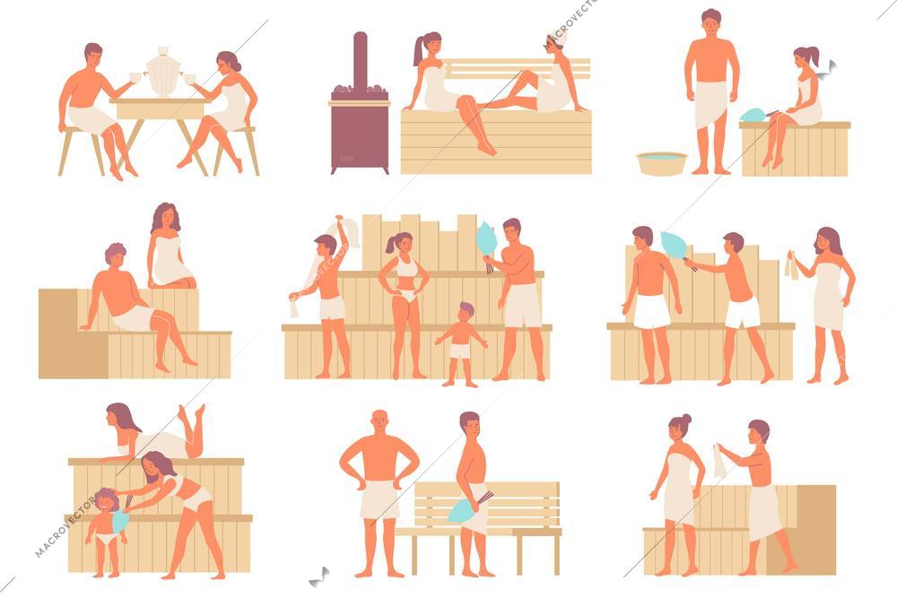 Set of flat isolated bath public sauna compositions with characters of adult people and children bathing vector illustration