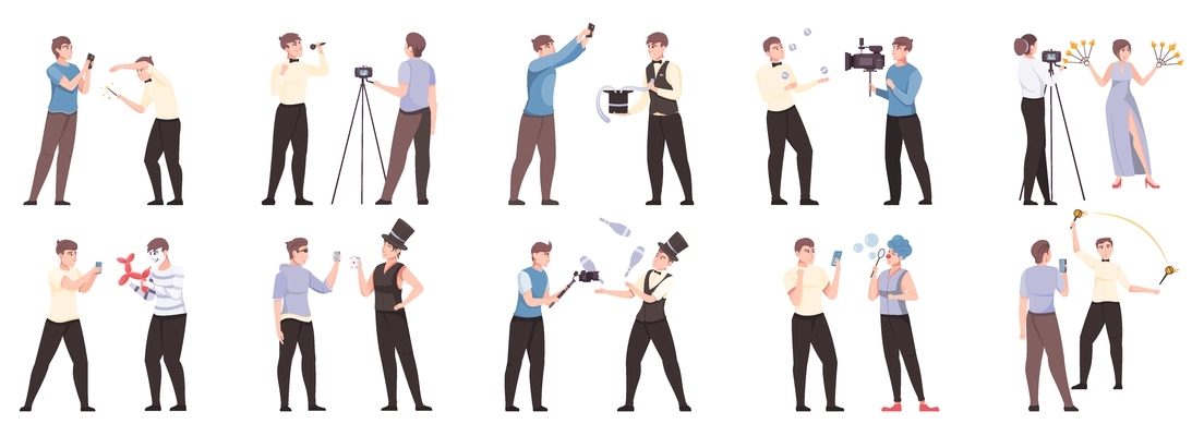 Streaming people conducting live video stream in social networks flat set isolated vector illustration