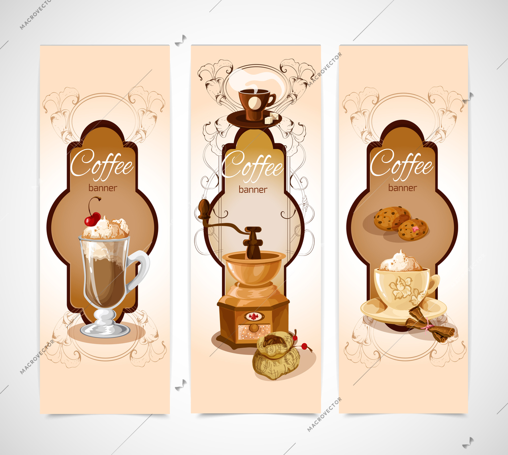 Coffee colored vertical banners set with turk cookies cinnamon grinder cup isolated vector illustration