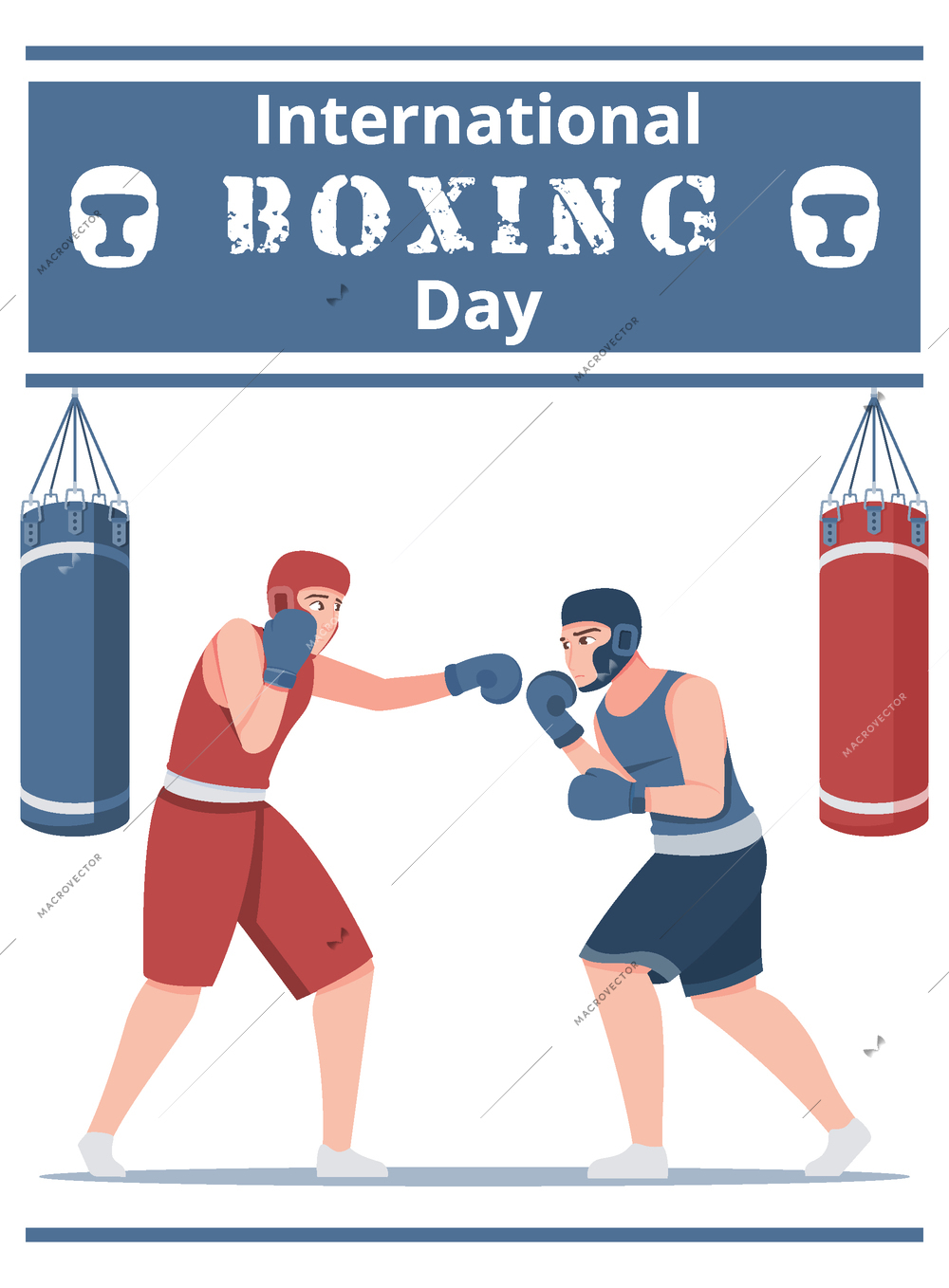 International boxing day flat card with two male boxers in fighting stance decorated red and blue punching bags vector illustration