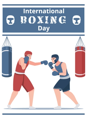 International boxing day flat card with two male boxers in fighting stance decorated red and blue punching bags vector illustration