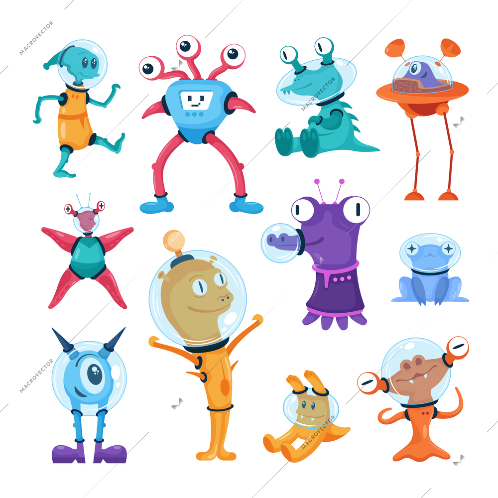 Friendly aliens icon set with isolated images of extraterrestrial creatures and cartoon style characters of monsters vector illustration