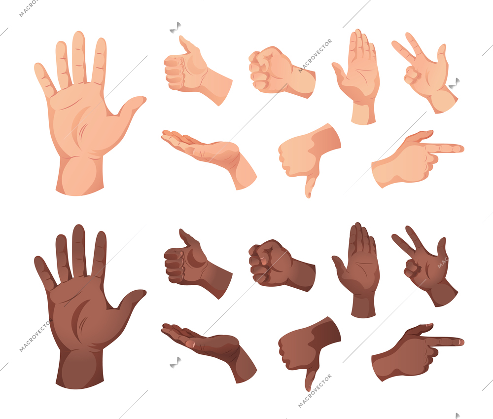 Set of isolated icons of human hands of white and black skin color showing various gestures vector illustration