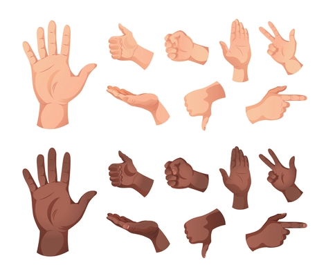 Set of isolated icons of human hands of white and black skin color showing various gestures vector illustration