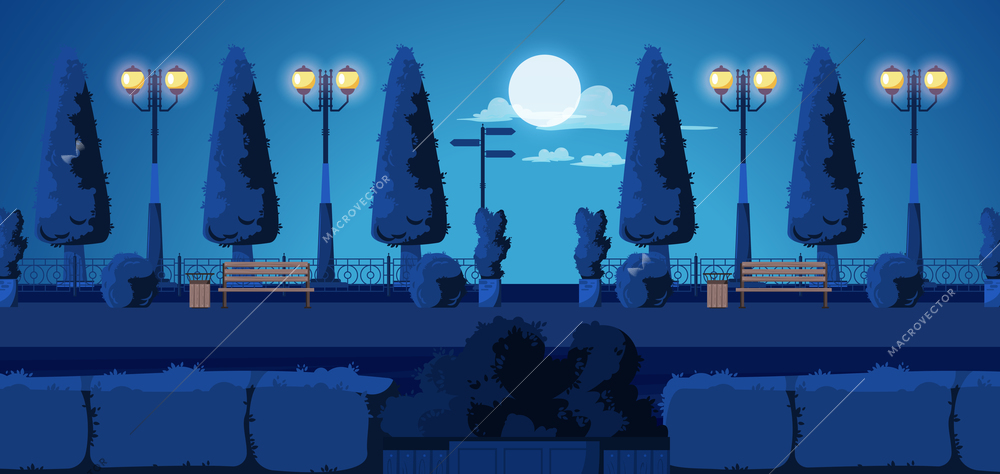 Summer night park alley flat horizontal banner with moon lanterns benches shrubs dark blue background vector illustration