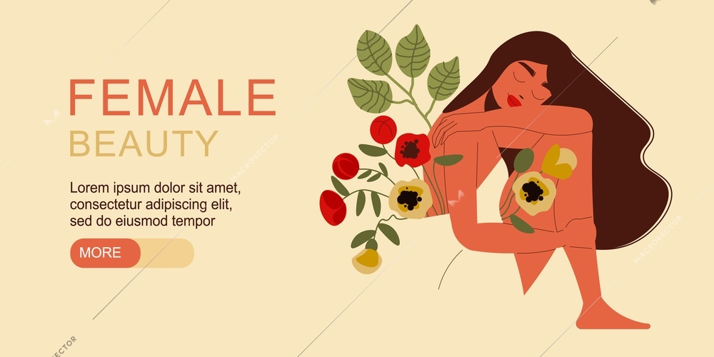 Flat female beauty banner with beautiful dark haired woman with bunch of flowers horizontal vector illustration