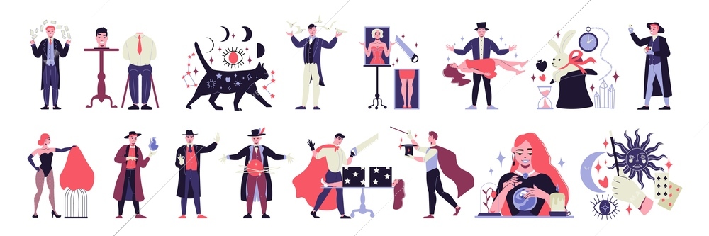 Isometric magician showing tricks focuses set of isolated human characters with show props set flat vector illustration