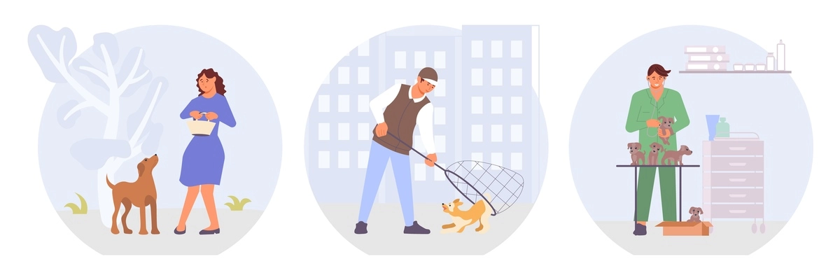 Set of three isolated veterinary clinic compositions with human characters encountering catching and treating stray dogs vector illustration