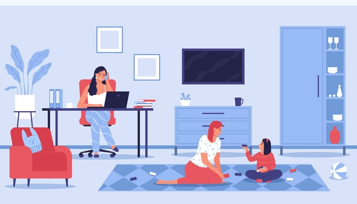 Babysitter freelancer mother composition with living room scenery with nanny playing with child while mother works vector illustration