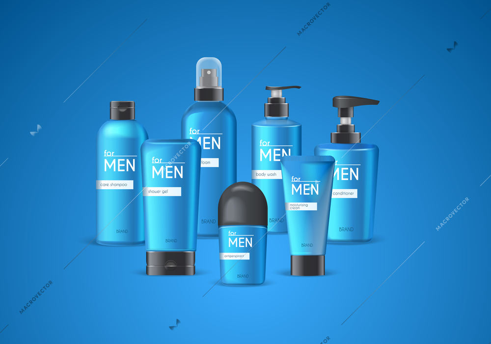 Cosmetics package colored realistic composition with set of branded packages of cosmetics for men vector illustration