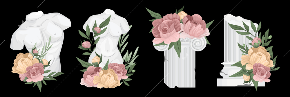 Antique greek columns composition set two figures with a naked torso and two columns in flowers vector illustration