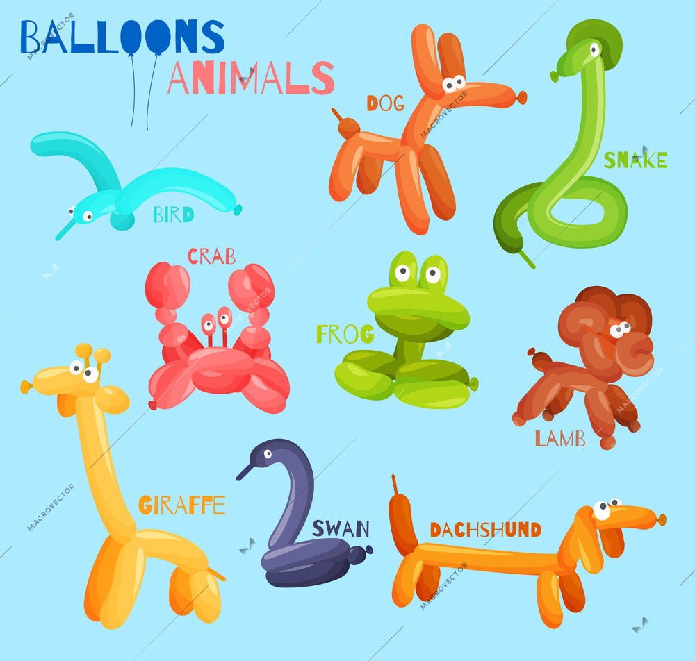 Balloon animals set with dog crab snake bird isolated vector illustration