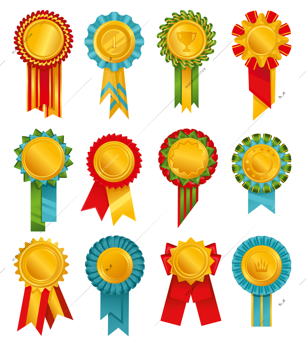 Rosettes rewards colored icon set twelve different sizes shapes and styles on white background vector illustration