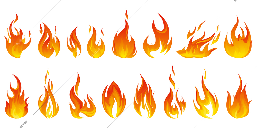 Fire flame icon set long and short tongues of flame of different sizes and shapes vector illustration