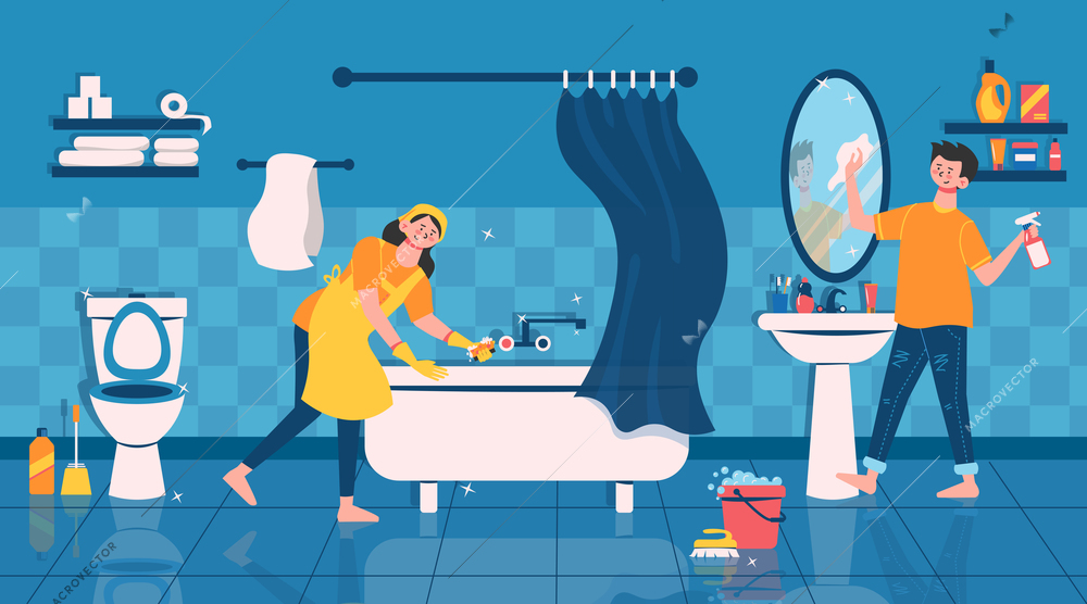 The girl cleans the bathroom the guy wipes the mirror and everything shines around flat vector illustration