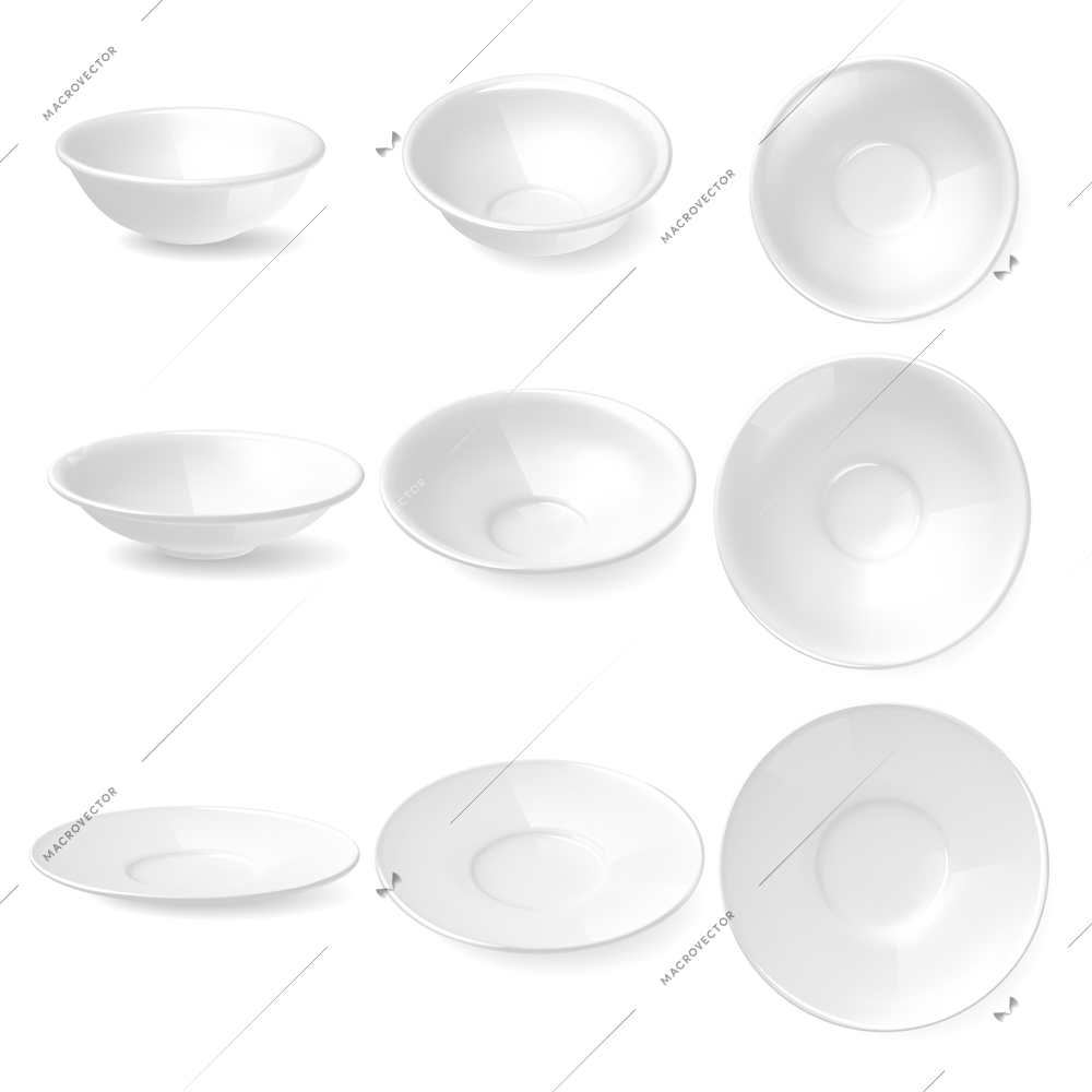 Realistic set depicting white tureen plates and dishes in three projections on a white background isolated vector illustration