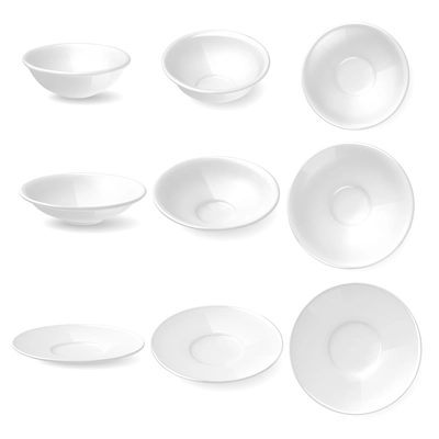 Realistic set depicting white tureen plates and dishes in three projections on a white background isolated vector illustration