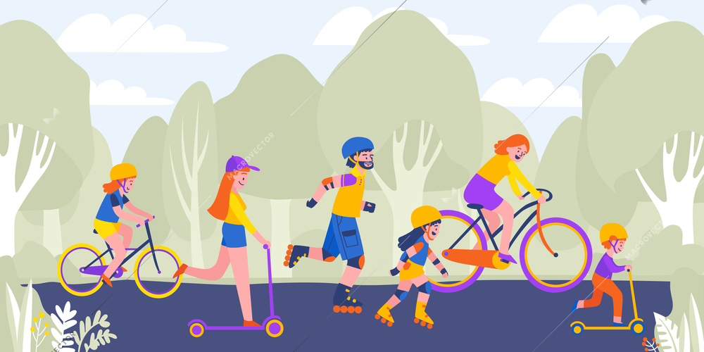 Family fitness park composition with group of teenagers riding bikes kick scooters and rollers with parents vector illustration