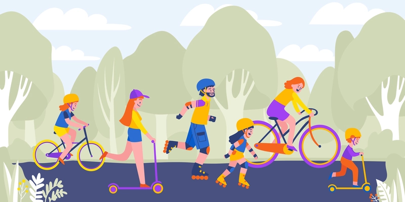 Family fitness park composition with group of teenagers riding bikes kick scooters and rollers with parents vector illustration