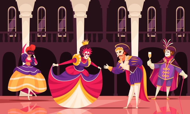 Cartoon venetian carnival scene with elegant men and women in costumes dancing at fancy dress party vector illustration