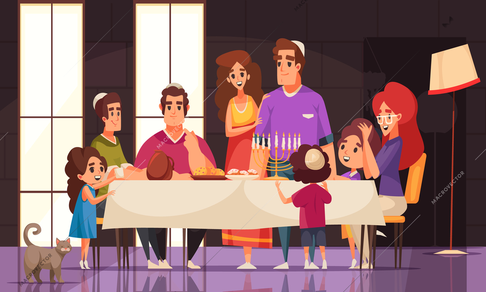 Happy family celebrating jewish holiday hanukkah with traditional food at home cartoon vector illustration