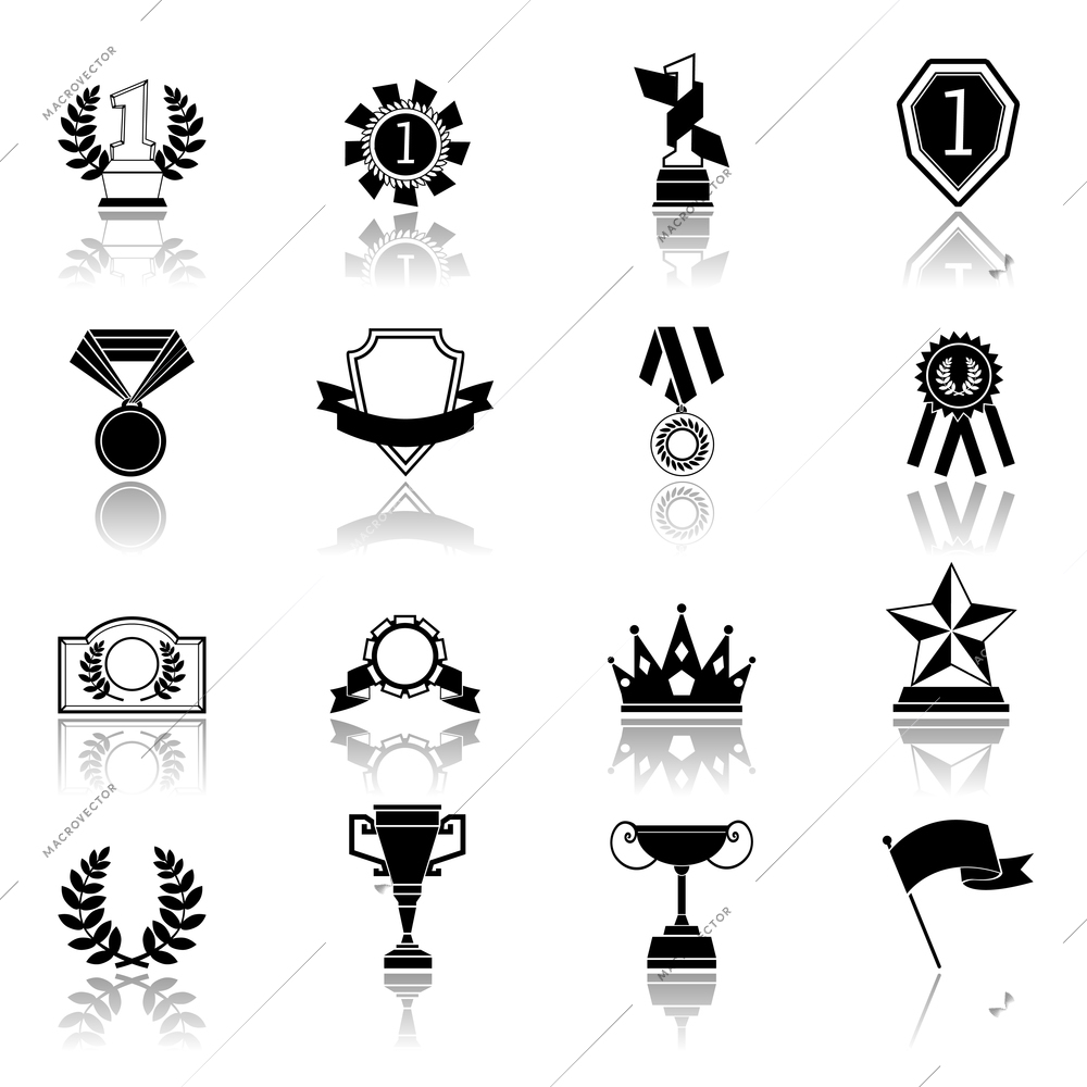 Award icons set black of medal shield winner reward isolated vector illustration