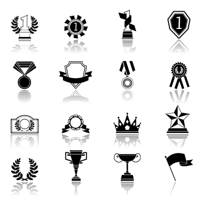 Award icons set black of medal shield winner reward isolated vector illustration