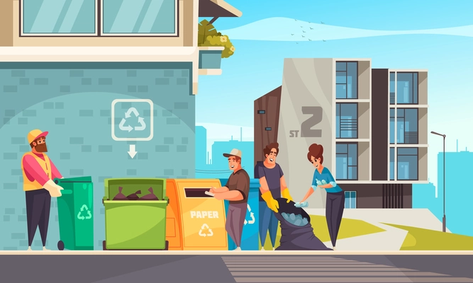 People sorting garbage into different containers and bag on background with city buildings cartoon vector illustration