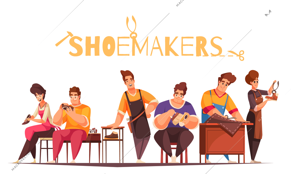 Cartoon human characters of shoemakers repairing and cleaning shoes and boots vector illustration