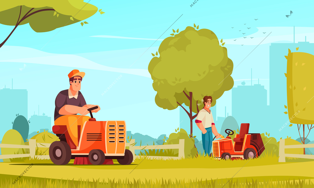 Two happy men working on lawn mower cars mowing green grass in park with city silhouette on background cartoon vector illustration