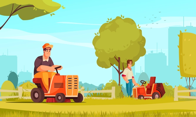 Two happy men working on lawn mower cars mowing green grass in park with city silhouette on background cartoon vector illustration