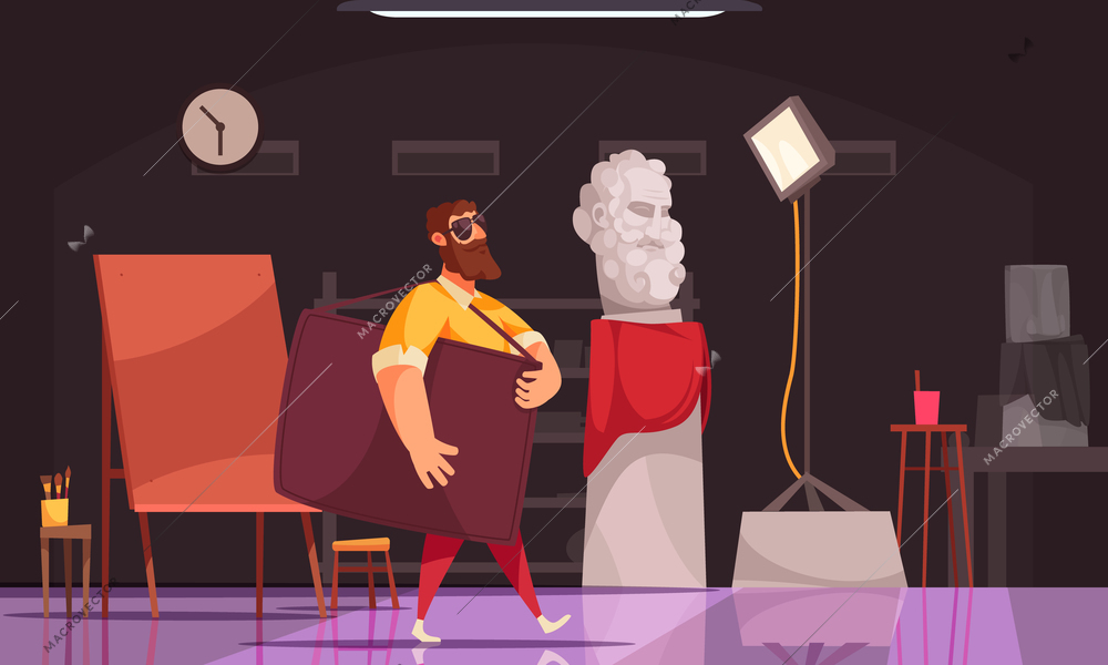 Bearded artist leaving his studio with case on background with easel portrait sculpture and other equipment cartoon vector illustration