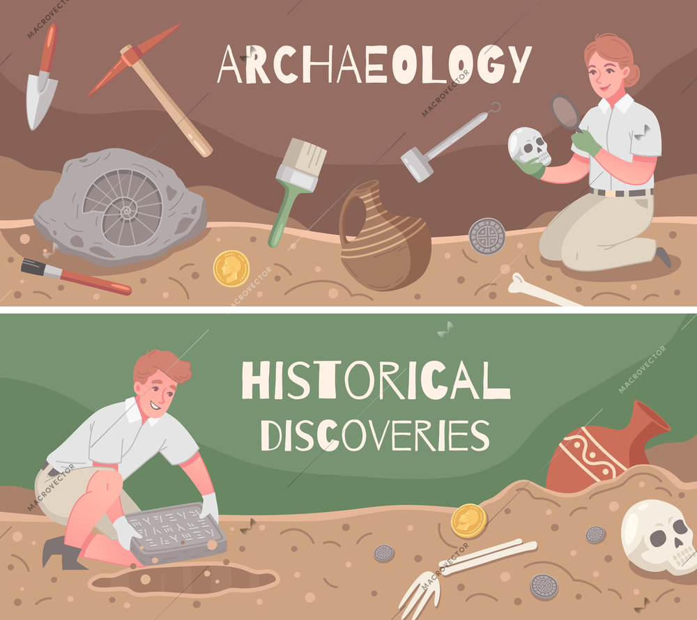 Set of two horizontal archaeology cartoon banners with characters of archaeologists with digging instruments and text vector illustration