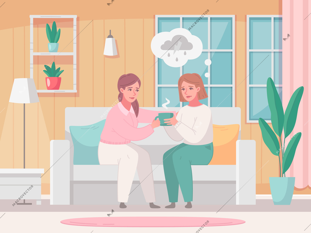 Empathy characters cartoon composition with home living room interior and woman sharing tea cup with friend vector illustration