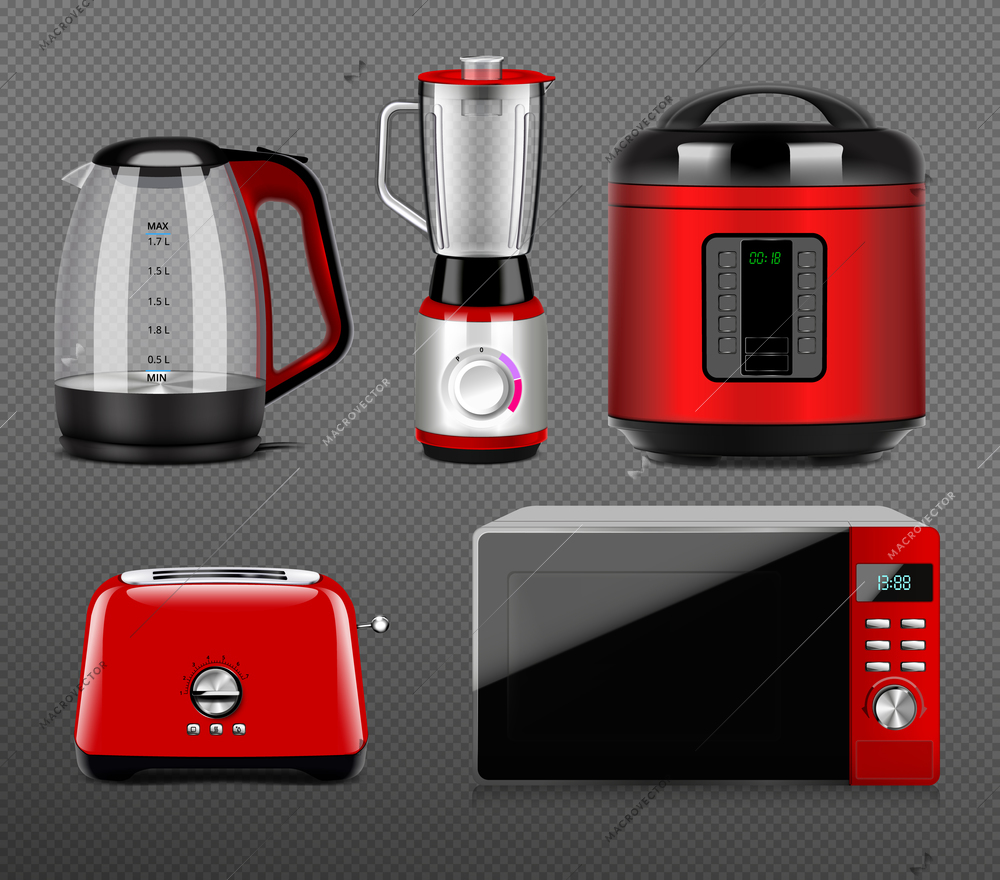 Household kitchen appliances set with realistic icons of electric kettle microwave oven toaster blender and crockpot vector illustration