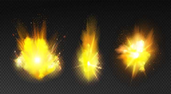 Fire explosion realistic set with isolated flashes of light with clouds of smoke on transparent background vector illustration