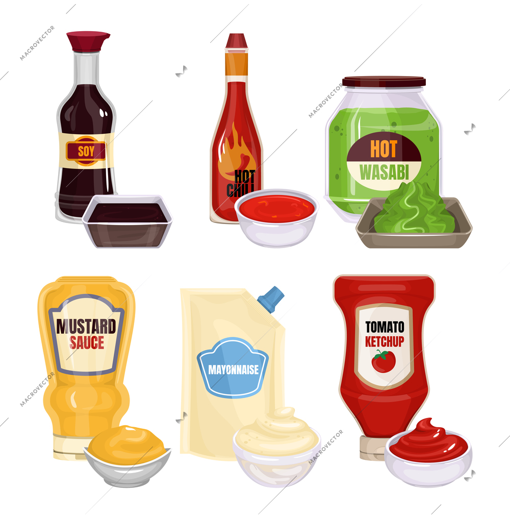 Sauce packaging realistic composition with isolated images of sauces in packs with dishes and editable text vector illustration