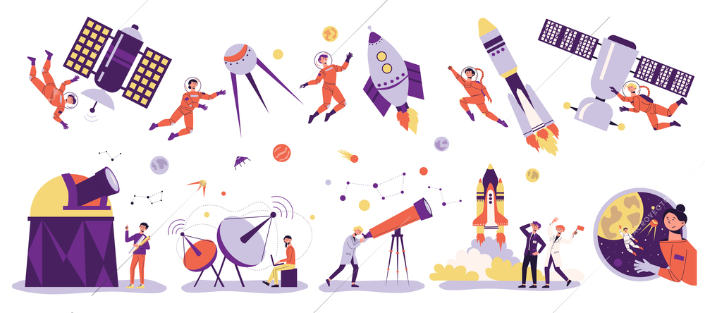 Astronomy space people white icon set isolated satellites planets constellations astronauts in weightlessness astronomers and rockets vector illustration