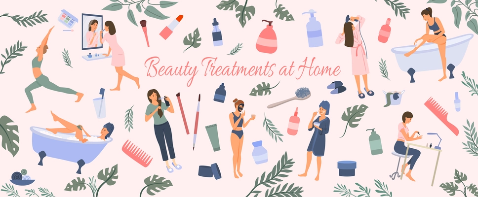 Beauty treatments at home flat seamless pattern with female characters and tools for make up and skin care vector illustration