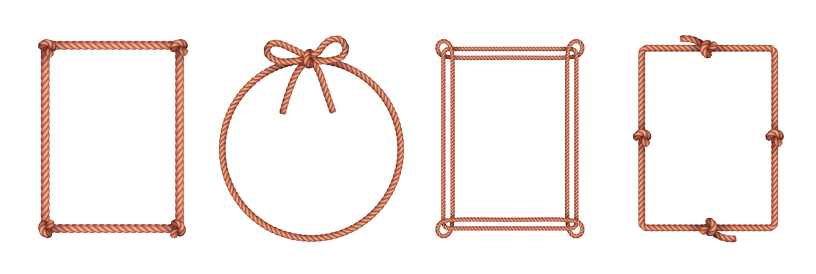 Rectangular and round natural rope frames realistic horizontal set with overhand loop and bow knots vector illustration