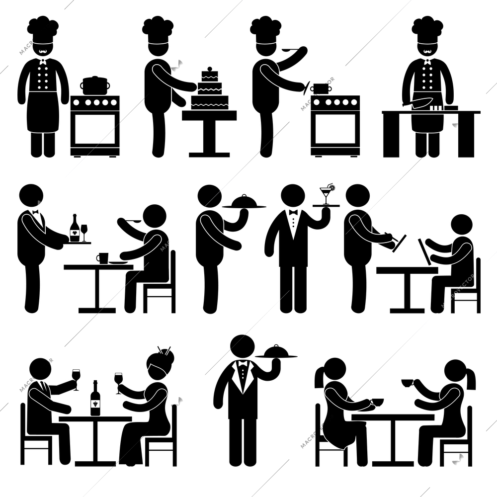 Restaurant employees and visitors black pictogram people set isolated vector illustration