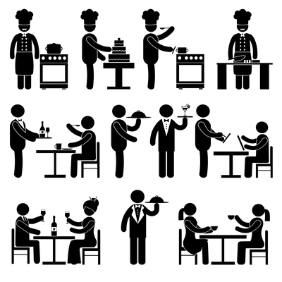 Restaurant employees and visitors black pictogram people set isolated vector illustration