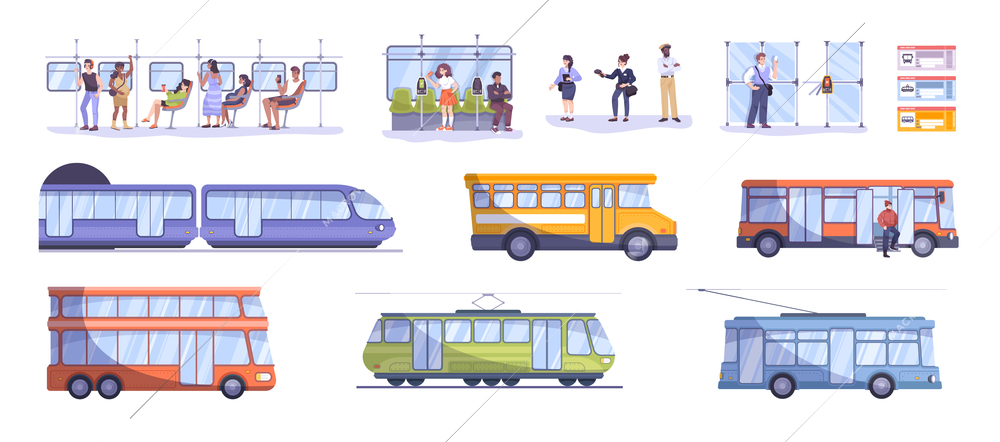 Flat set with various means of public transport human characters of passengers and ticket inspectors isolated vector illustration