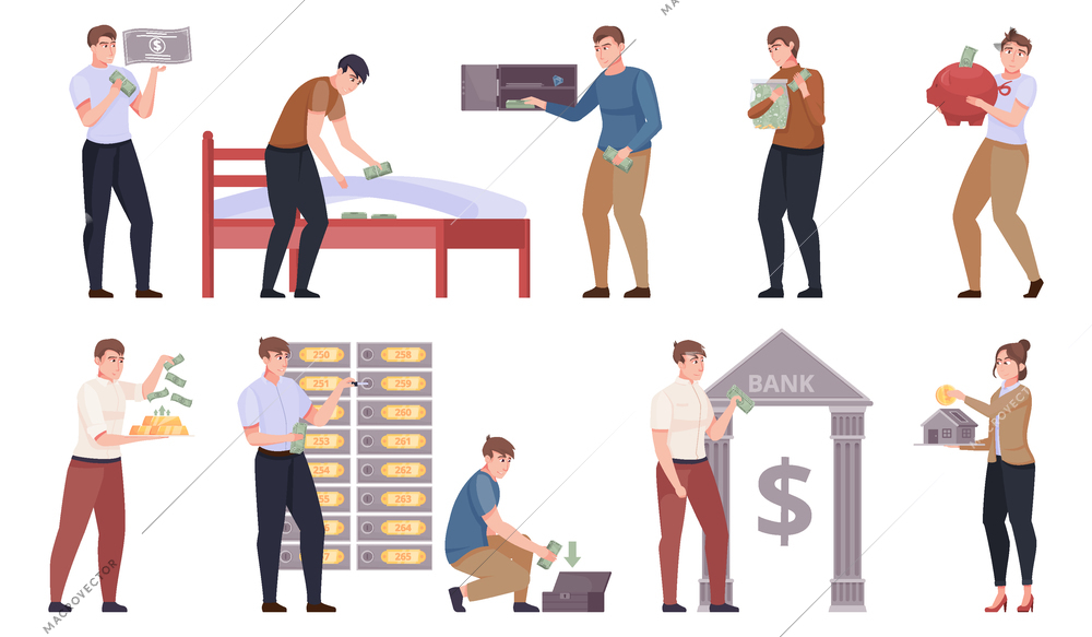 Money storage flat set of people hide money under mattress in piggy bank in bank deposit box isolated vector illustration