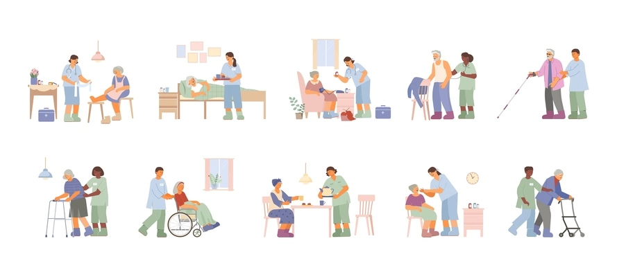 Flat set with caregivers and nurses taking care of elderly men and women isolated vector illustration